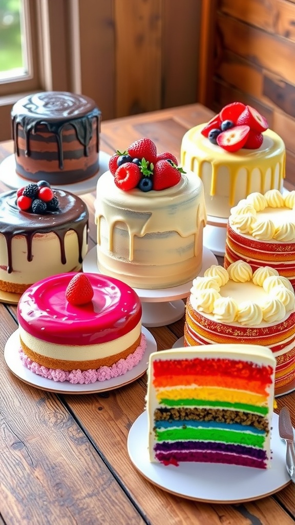 Five unique cake recipes displayed on a rustic table, showcasing chocolate, vanilla, lemon, carrot, and rainbow flavors.